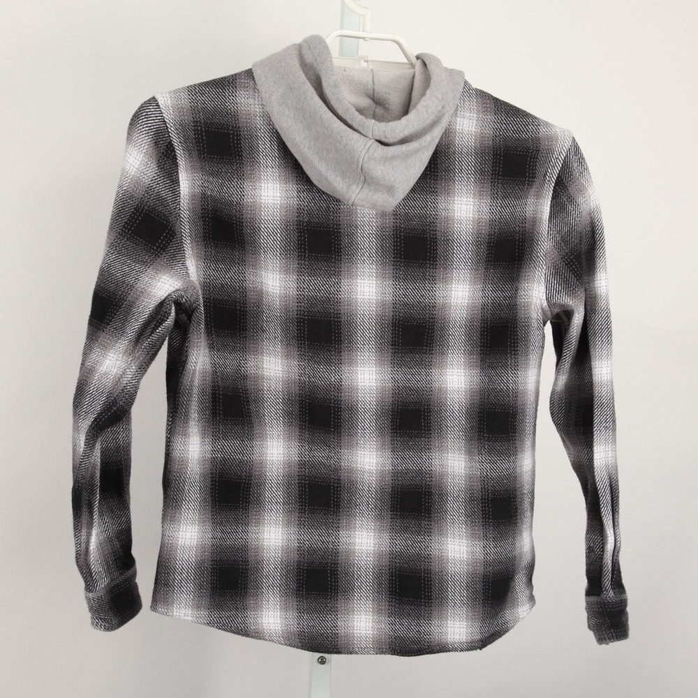 Johnnie O Shacket Jacket Mens Medium Black Gray Plaid Hooded Cotton Flannel - Picture 4 of 11